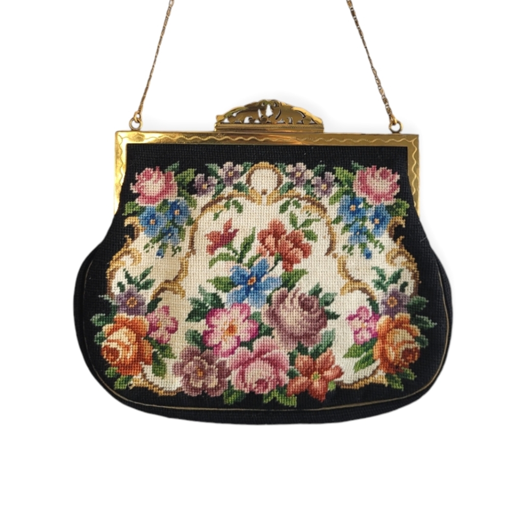 Vintage Floral Embroidered Mini Bag with Gold Frame